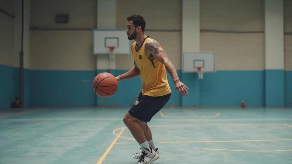 لاعب كرة سلة يقوم بحركة المراوغة والمراوغة السريعة على الملعب الخاص به