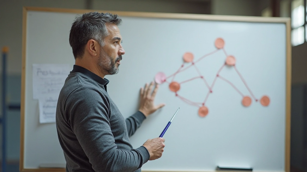 مدرب كرة السلة يشرح تشكيلات دفاعية وهجومية للاعبين على السبورة التكتيكية