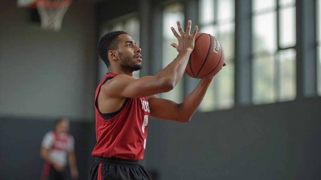 لاعب كرة سلة محترف يقوم بتمرين التصويب في الملعب بإضاءة طبيعية من النوافذ