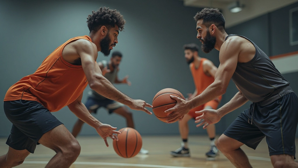 لاعبو كرة السلة يمارسون تمارين التكامل والانتقال السريع بين الهجوم والدفاع